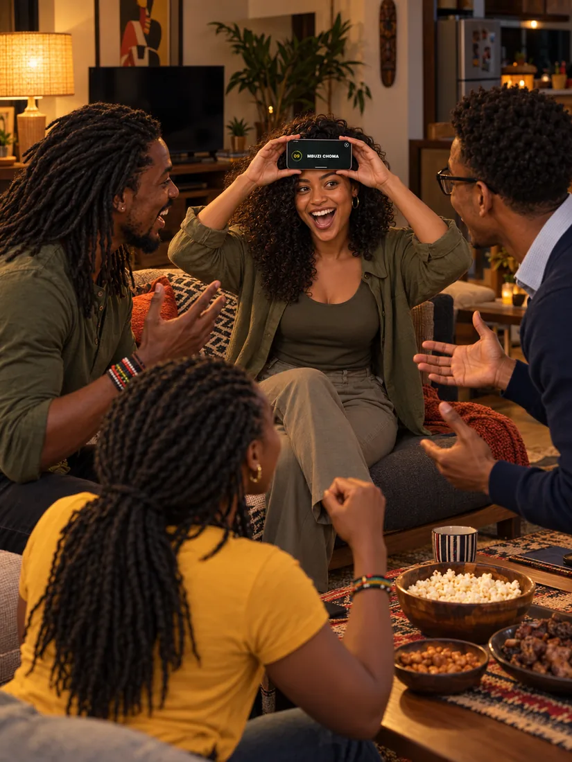 Friends in a Nairobi living room — one holds the phone to her forehead showing the MBUZI CHOMA clue while the others shout clues.